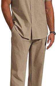 COOFANDY Men's 2 Piece Linen Beach Outfits Short Sleeve Button Down Shirts Loose Pants For Men